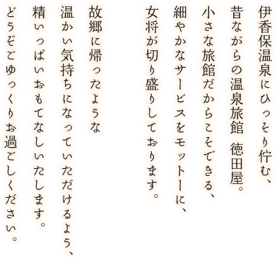 伊香保温泉にひっそり佇む、昔ながらの温泉旅館 徳田屋。小さな旅館だからこそできる、細やかなサービスをモットーに、女将が切り盛りしております。
故郷に帰ったような温かい気持ちになっていただけるよう、精いっぱいおもてなしいたします。どうぞごゆっくりお過ごしください。